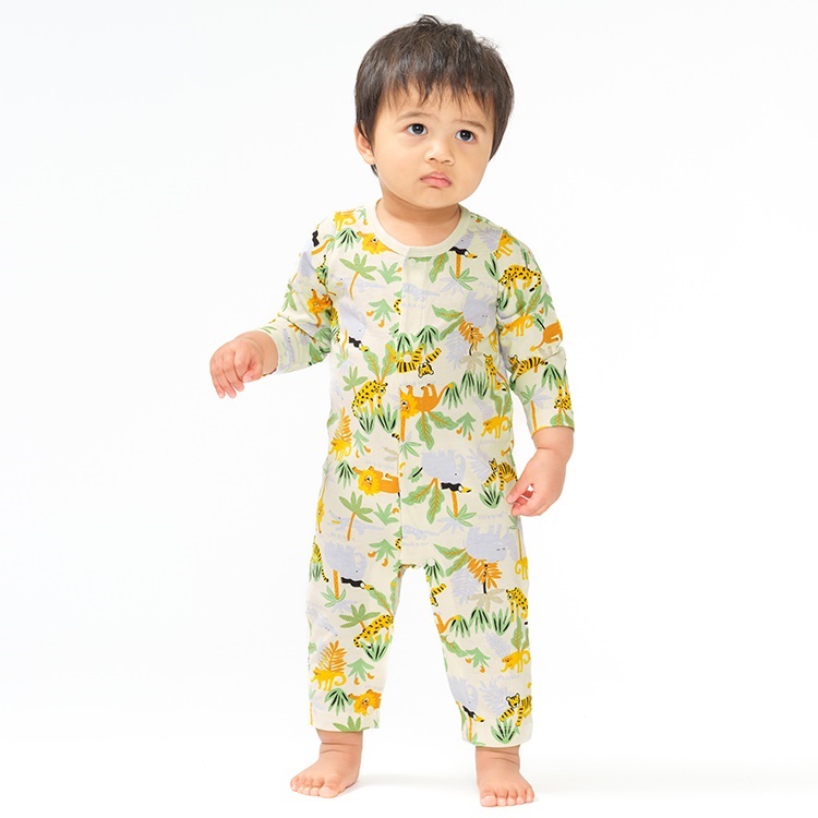 *【WEB限定】動物総柄長袖Tシャツロンパース(ホワイト-80cm)