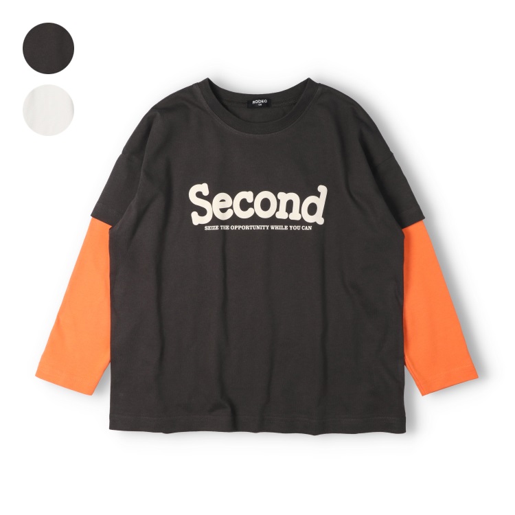 【130～160cm】ロゴプリント重ね着風長袖Tシャツ