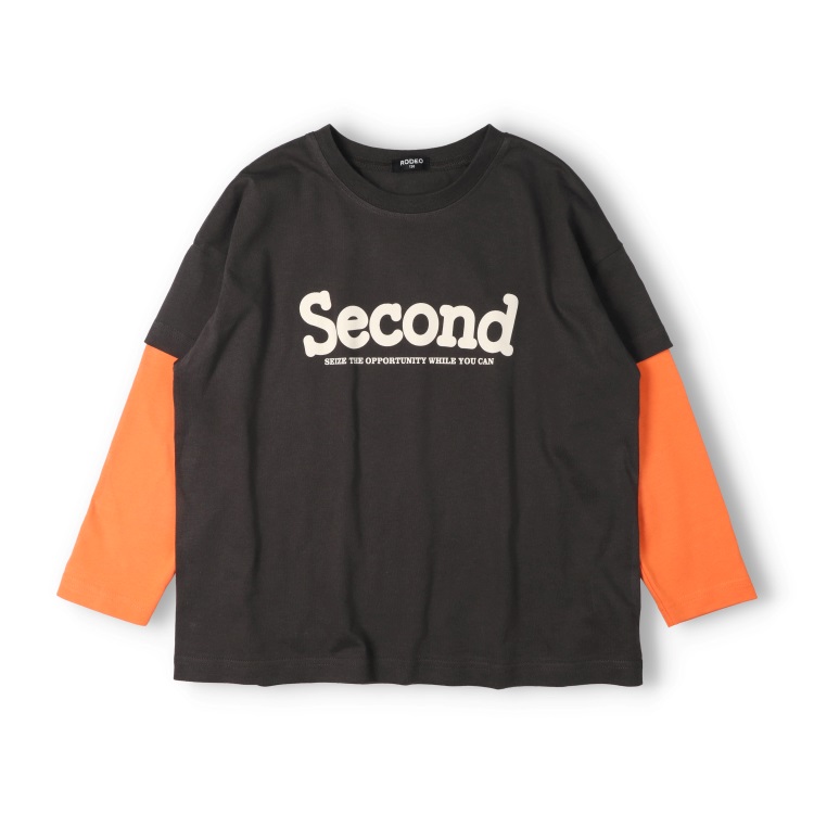【130～160cm】ロゴプリント重ね着風長袖Tシャツ(ブラック-160cm)