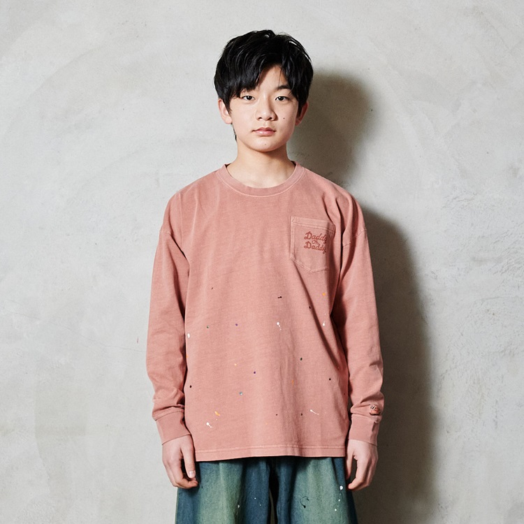 *【WEB限定】ペンキプリントポケット付長袖Tシャツ(オレンジ-150cm)