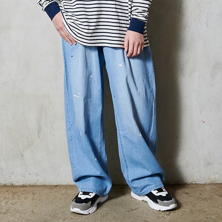 *【WEB限定】ペンキ加工ライトオンスデニムロングパンツ(ブルー-140cm)