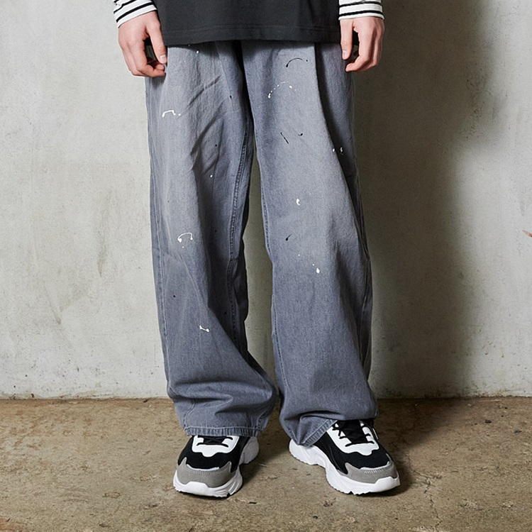 *【WEB限定】ペンキ加工デニムロングパンツ(ブラック-160cm)