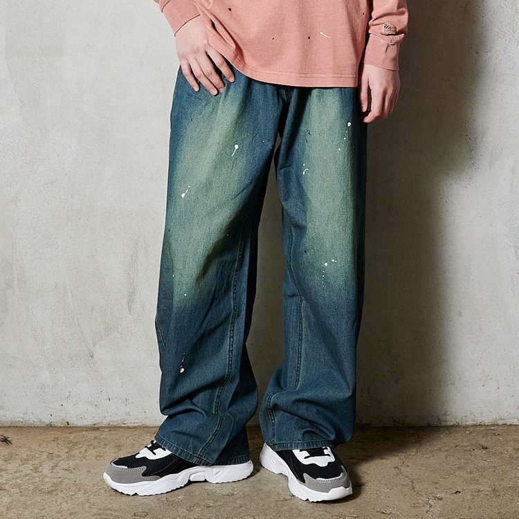 *【WEB限定】ペンキ加工デニムロングパンツ(ネイビー-160cm)