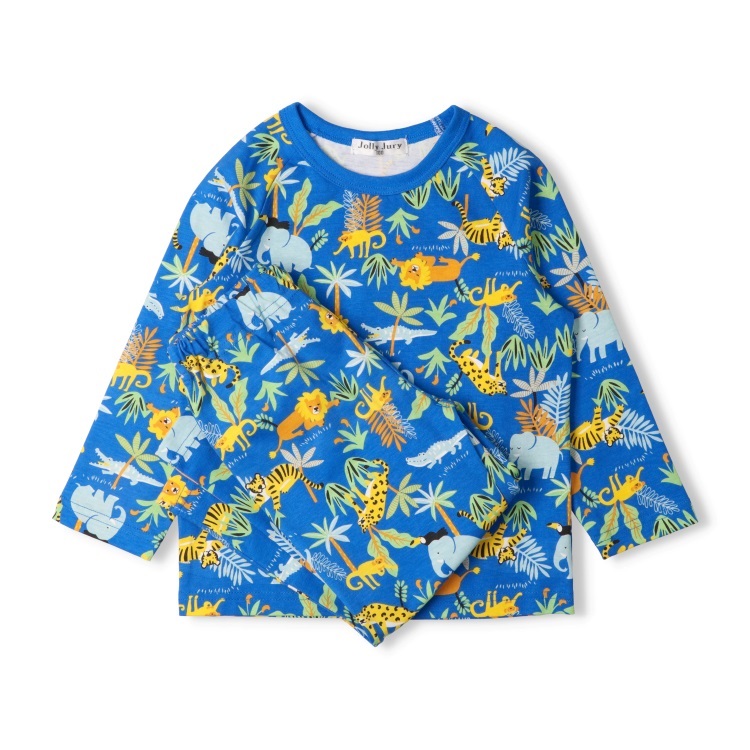 *【WEB限定】動物総柄長袖Tシャツパジャマ(ブルー-100cm)