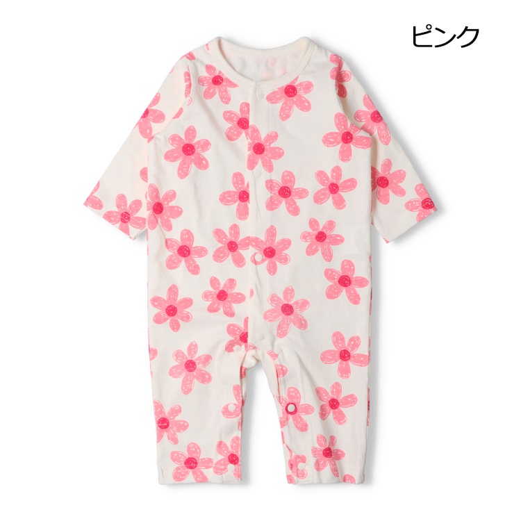 *【WEB限定】お花柄長袖Tシャツロンパース(ピンク-80cm)