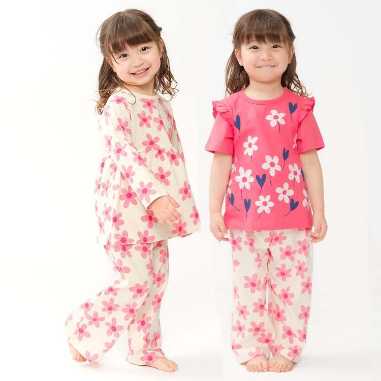 *お花柄半袖・長袖パジャマセット(ピンク-130cm)