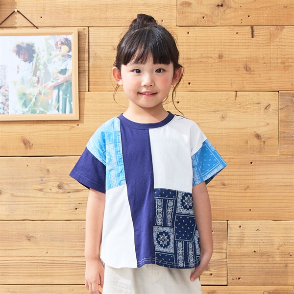 バンダナ柄切替半袖Tシャツ(ネイビー-90cm)
