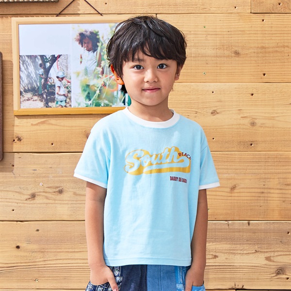 ロゴプリントリンガー半袖Tシャツ(ブルー-90cm)
