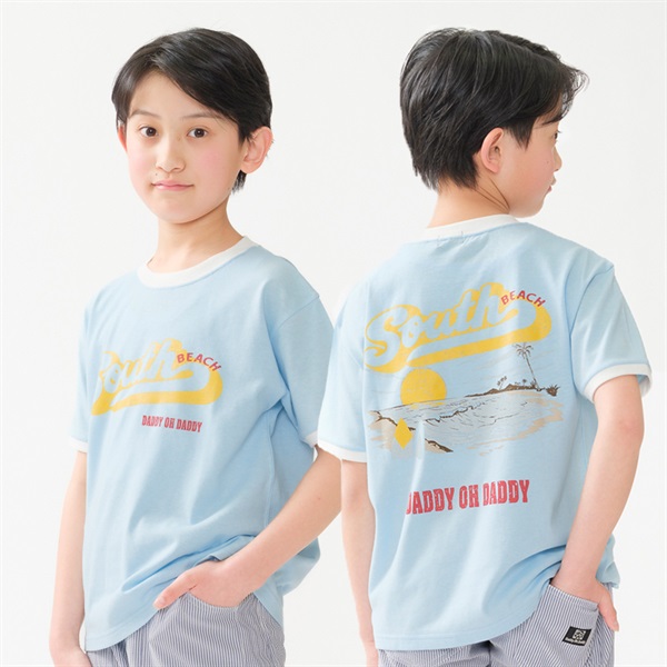 ロゴプリントリンガー半袖Tシャツ(ブルー-140cm)