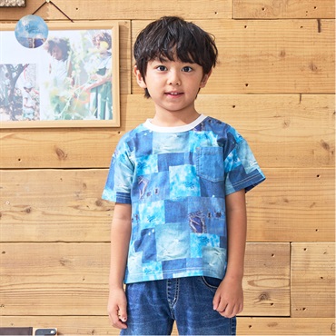 デニムパッチワーク風プリント半袖Tシャツ
