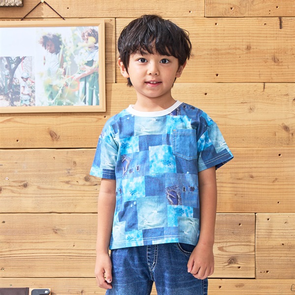 デニムパッチワーク風プリント半袖Tシャツ(ブルー-90cm)