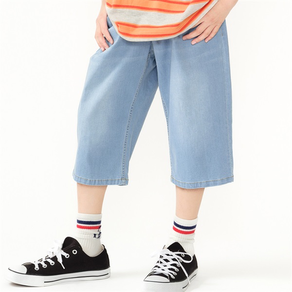 無地デニム6分丈ハーフパンツ(ブルー-140cm)