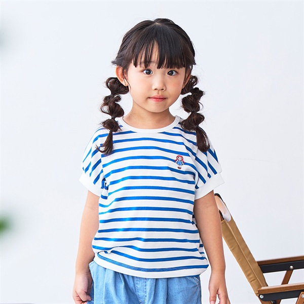 ダディコ刺繍ボーダー半袖Tシャツ(ブルー-100cm)