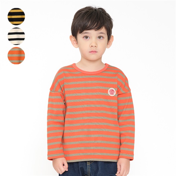 【イエロー/オレンジ】M2380 ボーダーベーシックロンT 先染めボーダー長袖Tシャツ・ロンT 長袖Tシャツ｜子供服・ベビー服の