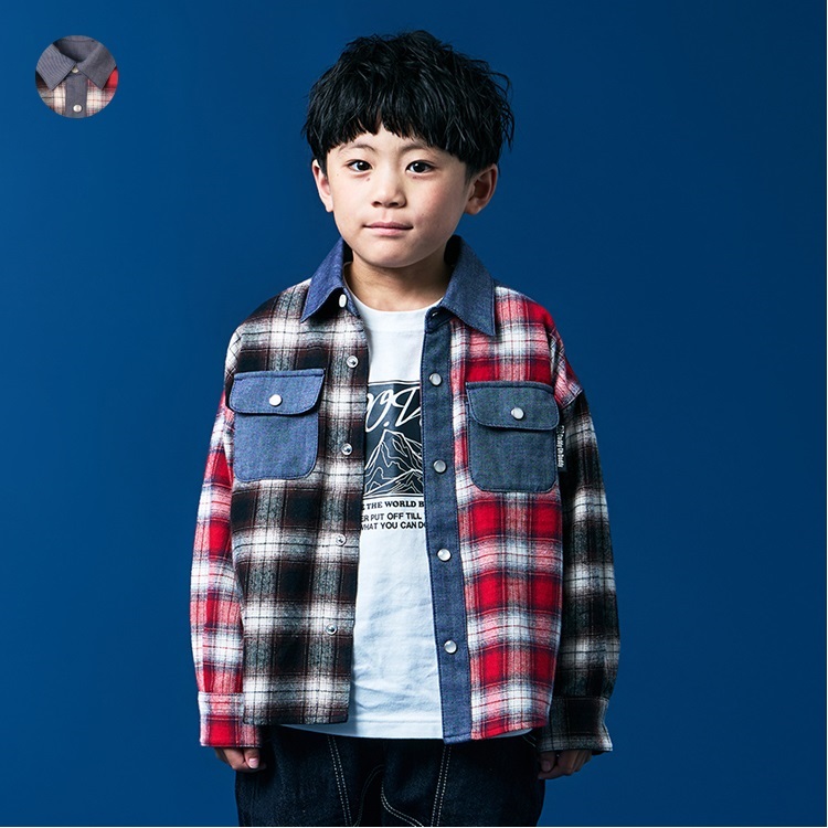 *チェック柄バイカラー長袖シャツ