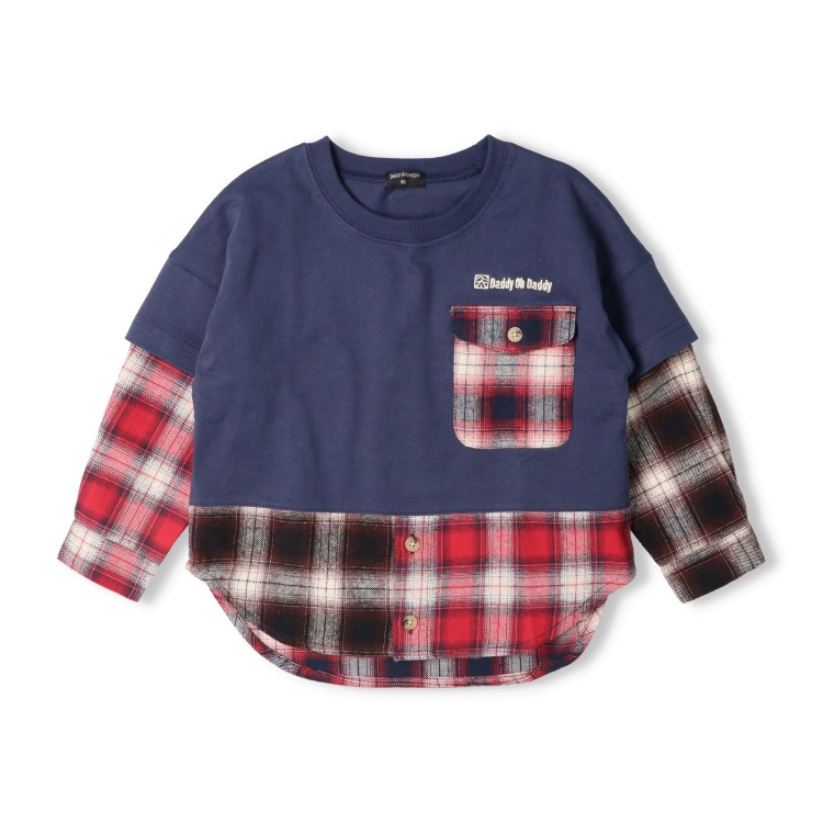 チェック使い長袖Tシャツ(ネイビー-90cm)