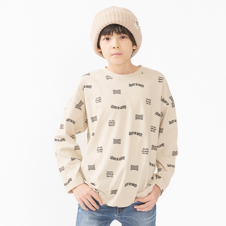 ダディロゴ総柄長袖Tシャツ(ベージュ-90cm)
