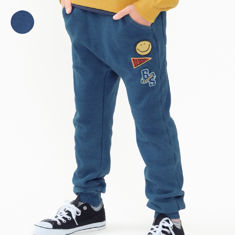 【爆温】ワッペン付インディゴ裏起毛裾リブパンツ