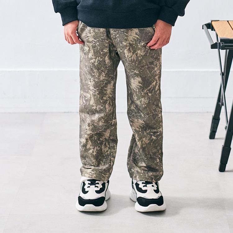 *迷彩柄ストレッチミニ裏毛ロングパンツ(カーキグリーン-90cm)