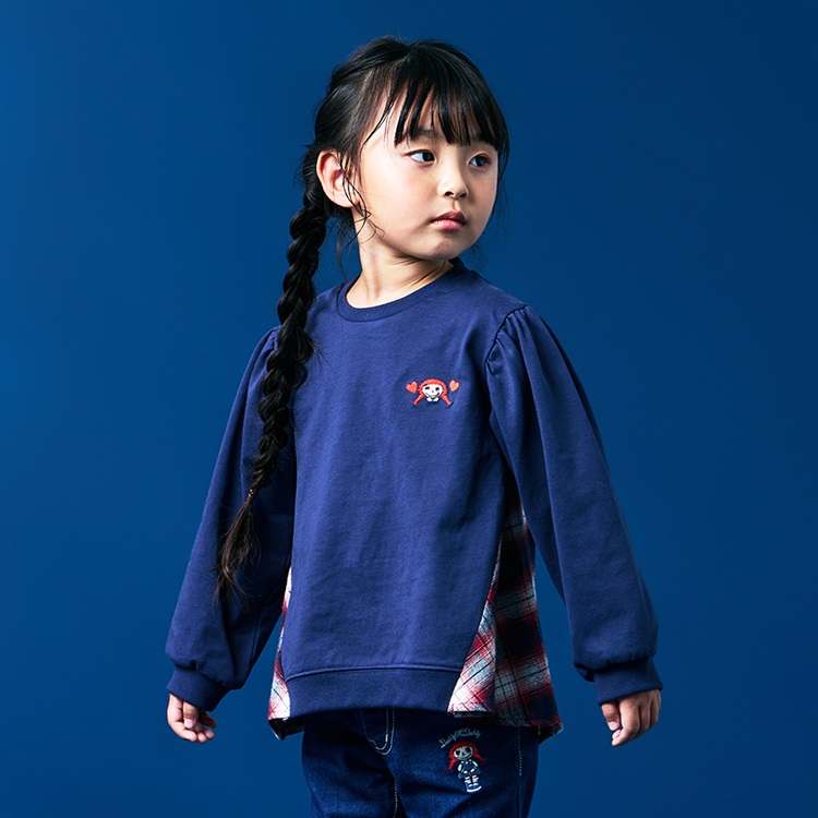 ダディコ刺繍チェック切替長袖Tシャツ(ネイビー-90cm)