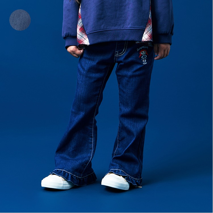 ダディコ刺繍裾フリルデニムフレアロングパンツ