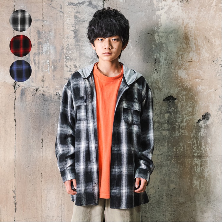 【WEB限定】フード付チェック長袖シャツ