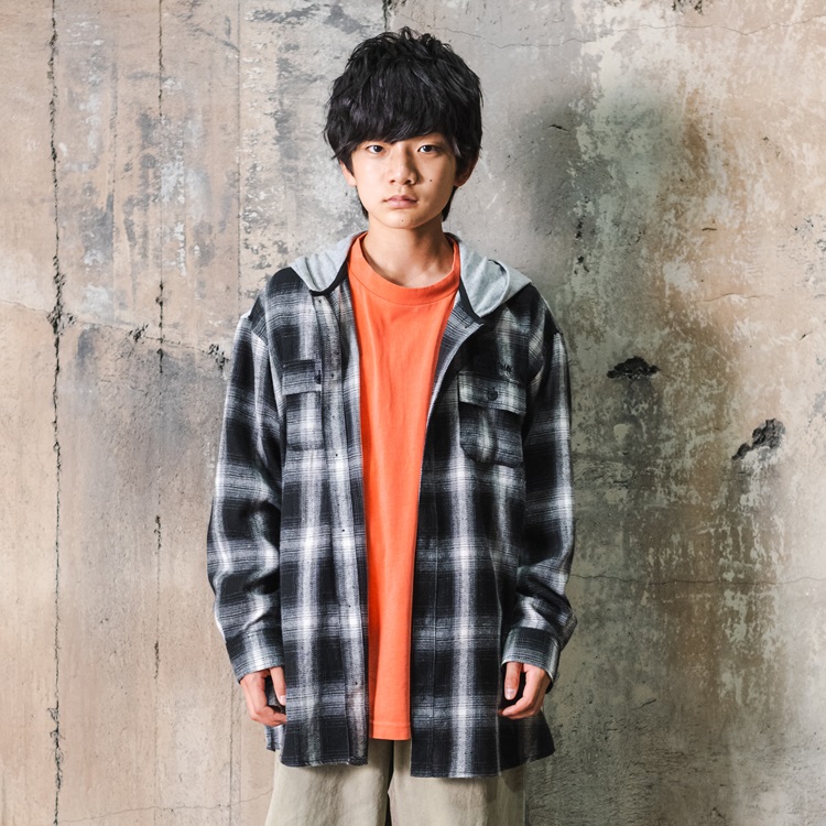 【WEB限定】フード付チェック長袖シャツ(ブラック-120cm)