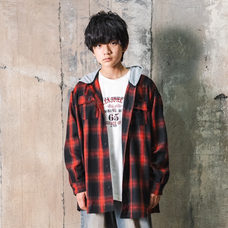 【WEB限定】フード付チェック長袖シャツ(レッド-120cm)
