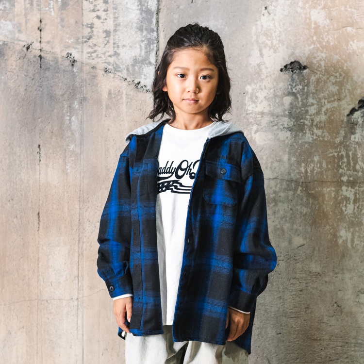 【WEB限定】フード付チェック長袖シャツ(ブルー-130cm)