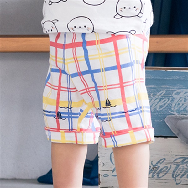 ヨット刺繍無地・チェック柄ハーフパンツ(チェック-90cm)