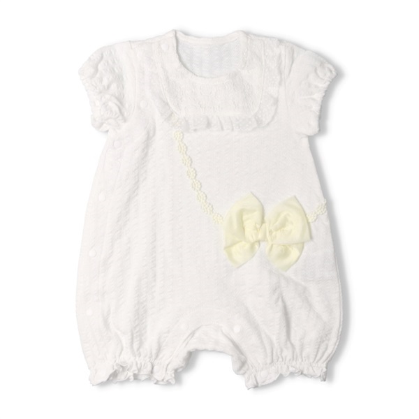 リボンポシェット風半袖ロンパース(オフホワイト-80cm)