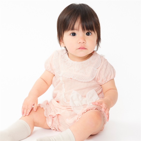 リボンポシェット風半袖ロンパース(ピンク-80cm)