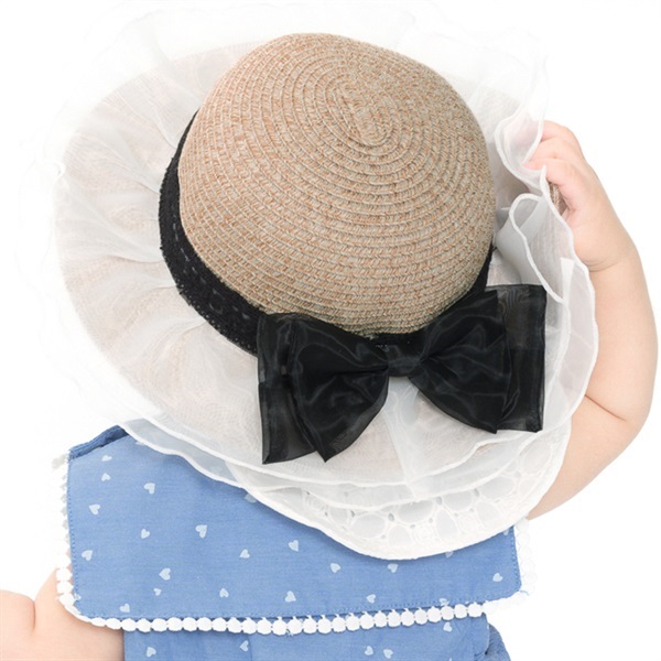 リボン付き日よけたれ付きハット(ブラウン-48cm)