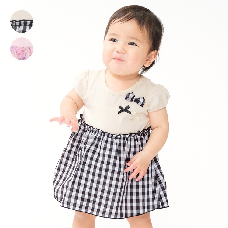 *チェック・小花柄スカート半袖ロンパース