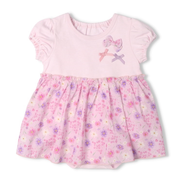 *チェック・小花柄スカート半袖ロンパース(ピンク-80cm)