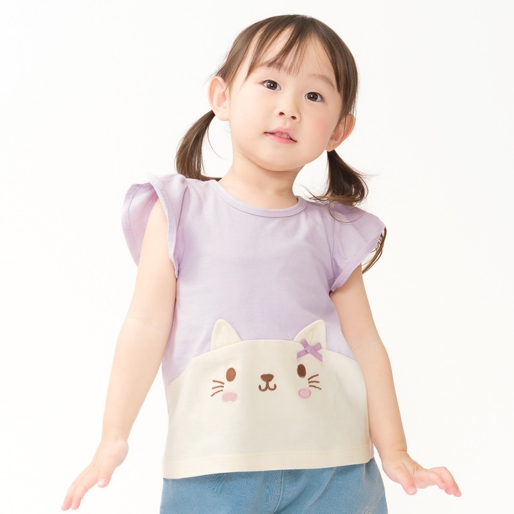ねこ・うさぎ切替半袖Tシャツ(ラベンダー-90cm)