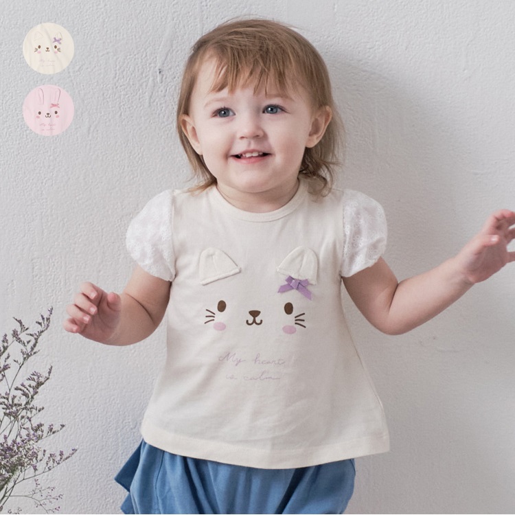 ねこ・うさぎデザイン袖レース半袖Tシャツ