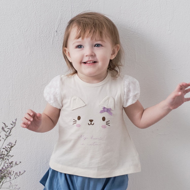 ねこ・うさぎデザイン袖レース半袖Tシャツ(オフホワイト-80cm)