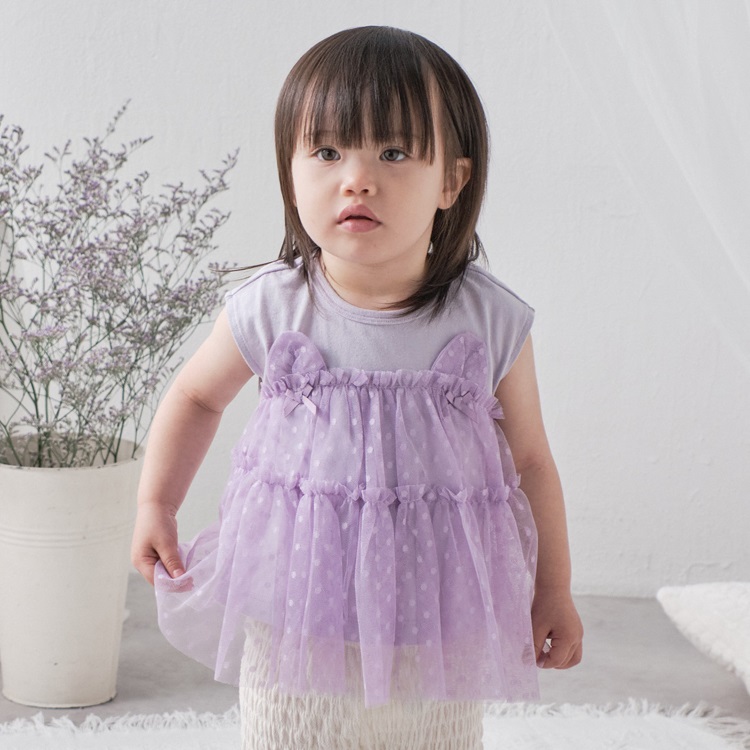 ねこ・うさ耳チュール切替Tシャツ(ラベンダー-80cm)