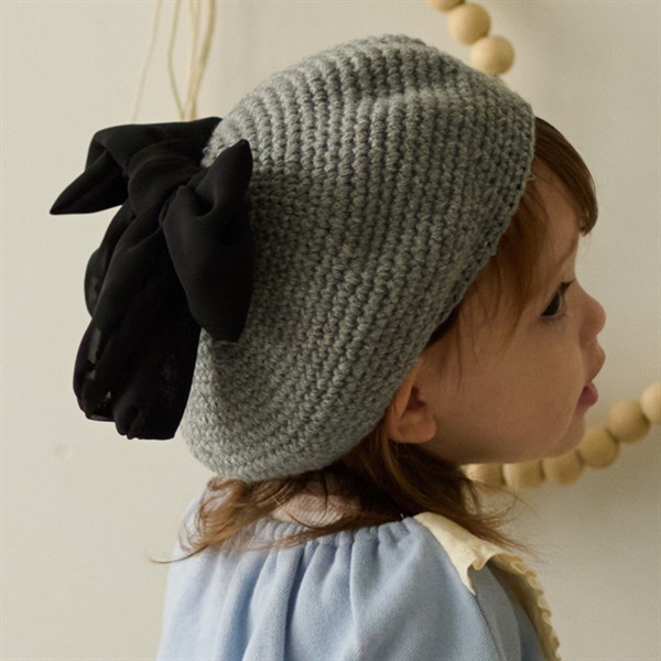 リボン付きニット帽(グレー-48cm)