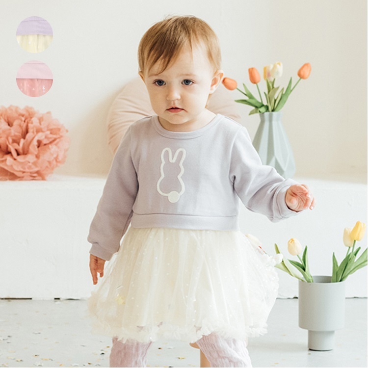 *キラキラハート柄チュールスカート裏毛長袖ワンピース