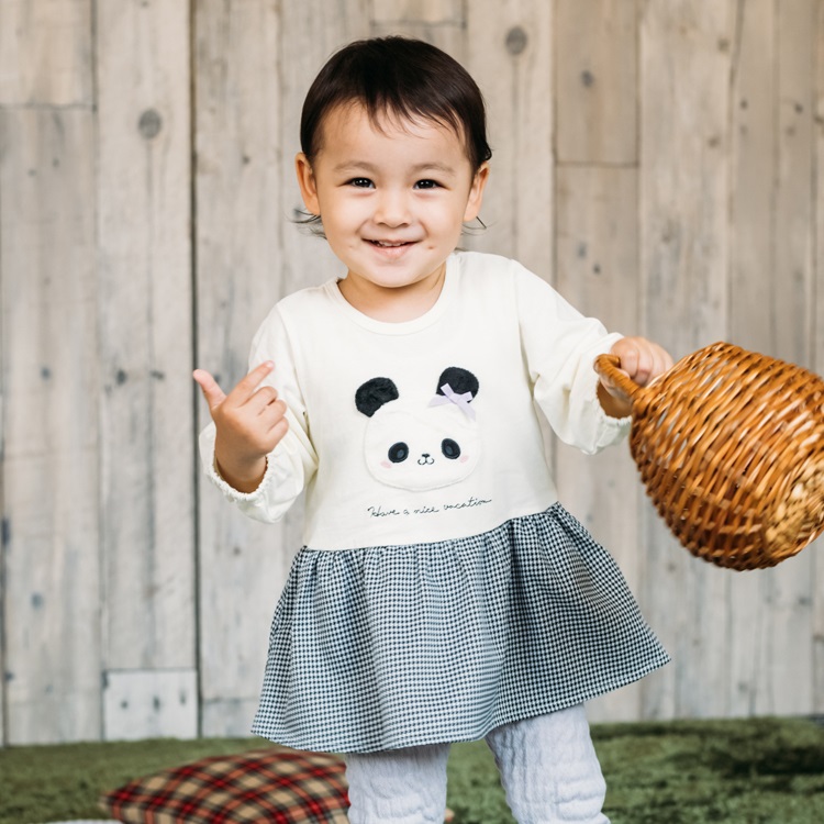 パンダ・うさぎアップリケスカート付ロンパース(オフホワイト-80cm)