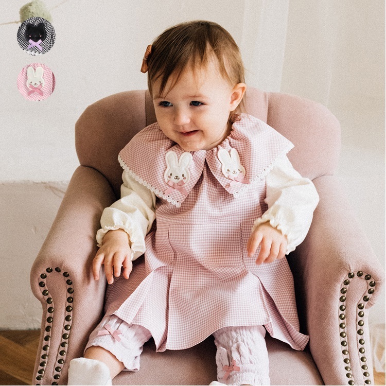 ねこ・うさぎ衿付き千鳥格子柄ロンパース・オール