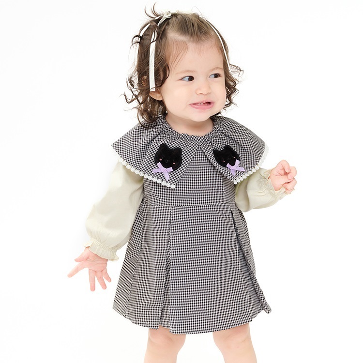 ねこ・うさぎ衿付き千鳥格子柄ロンパース・オール カバーオール｜子供