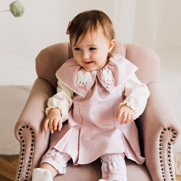 ねこ・うさぎ衿付き千鳥格子柄ロンパース・オール(ピンク-80cm)