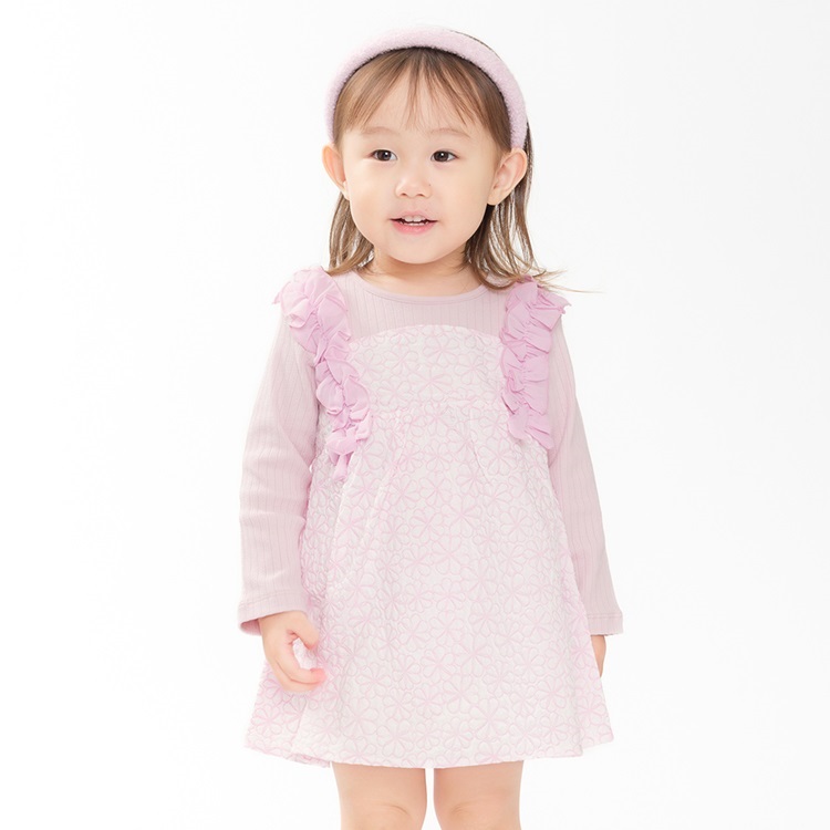 *花柄重ね着風チュニックワンピース(ラベンダー-80cm)