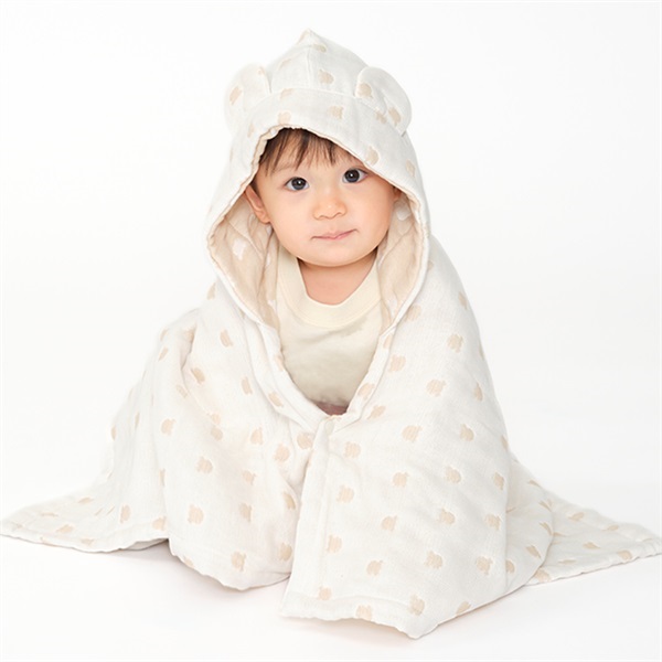 耳付き総柄ふんわりガーゼバスポンチョ・マント(クマ柄-F)