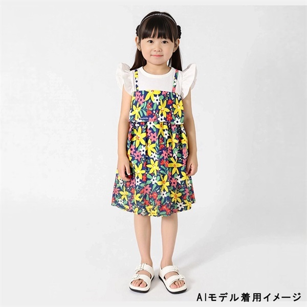 ハンドメイドベビー服 ブラック系の花柄 重ね着風ワンピース 花柄キャミワンピ重ね着風ワンピース ワンピース｜子供服