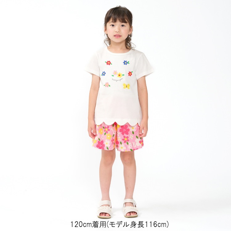 お花プリント刺繍裾スカラップ半袖Tシャツ 半袖Tシャツ｜子供服