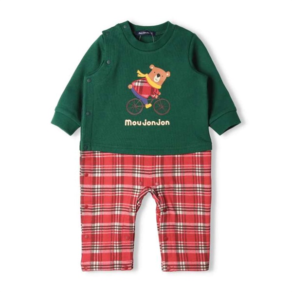 くまプリントチェック切替ロンパース・オール カバーオール｜子供服